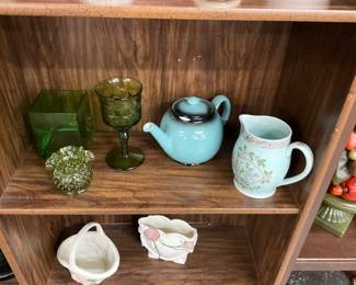 Green Square Vase - Green Glass Goblet - Green Candle Holder - Ceramic Blue Teapot - Calyx Ware Pitcher