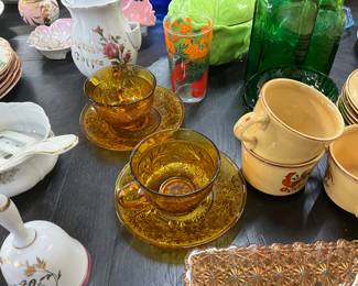Amber Indiana Tiara Glass Cups & Saucers