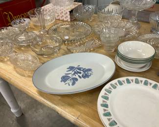 Assorted Clear Glass Service Pieces - Pfaltzgraff Stoneware Platter - Corelle Rosemarie Cereal Bowls
