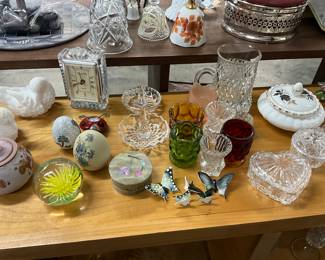 Assorted Trinket Boxes/Dishes, Perfume Bottles, Paperweight, Deck Clocks, Figurines