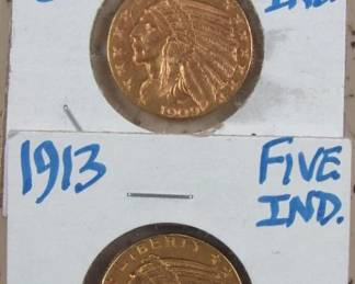 1909-D & 1913 Gold $5.00 Indian Head Coins