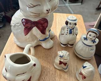 All Shawnee Pottery including the ‘Puss n Boots’ cookie jar, the kitty cat creamer, the ‘Puss in Boots’ salt n pepper, 1940s Jack Jill Dutch boy n girl salt and pepper.