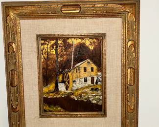 Home with a water wheel painting - oil on board, framed artist is PURDY.