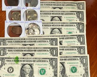 90% silver quarters, Sacajawea dollars & 9 star ‘*’ dollar notes.
