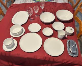 Serving for12 Centura Corningware set with sugar and creamer, serving bowls, platters… there’s an example of three different style of stemware. (Would you prefer red or white wine?)
