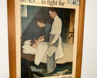2 - World War II Norman Rockwell posters - framed! Norman Rockwell had four 'Freedoms series' 1943 World War II posters promoting war bonds. You have a chance to get "Freedom of Fear" & "Freedom of Worship" - two of the four at this sale!!