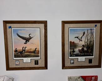 Two different “Autumn Air” prints by Leo Stans 1991 - matted, framed, duck stamp and Coins.