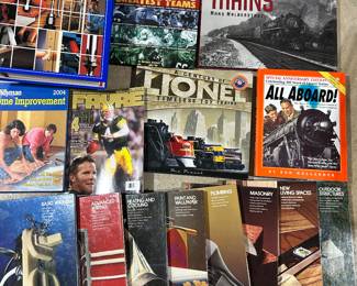 Books on trains, home repairs, and a wide variety of DIY projects.