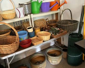 Wicker baskets with the large planters below.