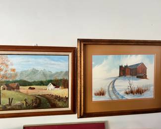 Two local artists: on the left,  “The Farm Homestead” by Vera LIETZ from Edgerton, WI. On the right (no entitled) artist is Kent - 1983 framed, matted & signed.