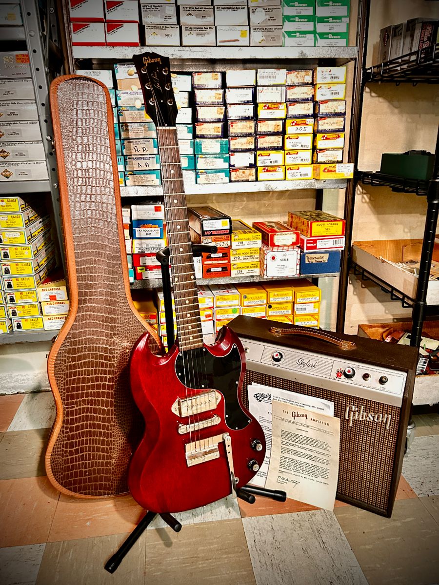One-owner 1963 Gibson SG Les Paul Jr. with original alligator case and Skylark amp! The owner purchased this guitar when working at Gibson in the early 60s. (The Gibson will be available for viewing/purchase now…contact us if you’re interested. 269-330-5788)