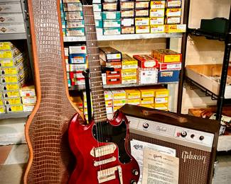 One-owner 1963 Gibson SG Les Paul Jr. with original alligator case and Skylark amp! The owner purchased this guitar when working at Gibson in the early 60s. (The Gibson will be available for viewing/purchase now…contact us if you’re interested. 269-330-5788)