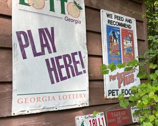 Vintage Double Sided Georgia Lottery Advertising Sign, Embossed Performance Plus Pet Food Advertising Sign