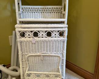 White wicker hamper, wall shelf, basket