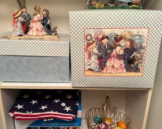 Figurines, American flag, marble eggs.