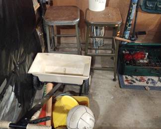 PAIR OF METAL SHOP STOOLS AND OTHER