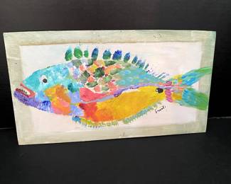 $125 #2 - Frantic "Fish" 17 1/2 x 9 1/2 on wood board 