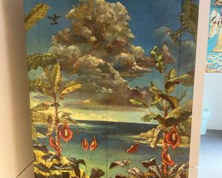 #19	1,000.00	Art deco armoire Painted by local artist - Islandy scene 
		76T x 48Wx 20D
