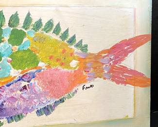 $125 - #1 -Frantic "Fish" 16 1/2 x 9 1/4 on wood board 