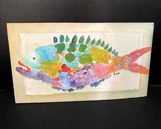 $125 - #1 -Frantic "Fish" 16 1/2 x 9 1/4 on wood board 