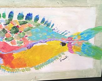$125 #2 - Frantic "Fish" 17 1/2 x 9 1/2 on wood board 