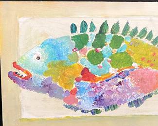 $125 - #1 -Frantic "Fish" 16 1/2 x 9 1/4 on wood board 