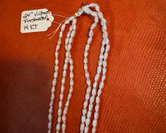 #H - $75 - Freshwater pearls vintage necklace 14kt clasp -24"L
