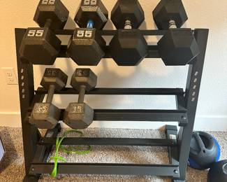 #33 - $150 - Stand with 3 sets of weights 34/45/55