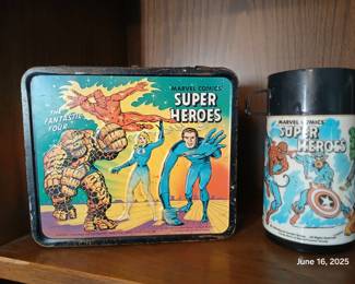 Vintage marvel super heroes avengers and fantastic four lunch box with thermos.