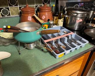 Mid Centry Modern fondue pot, flatware, onion pots