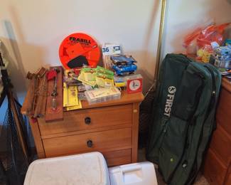 Coolers, ice fishing, plastic worms and bait