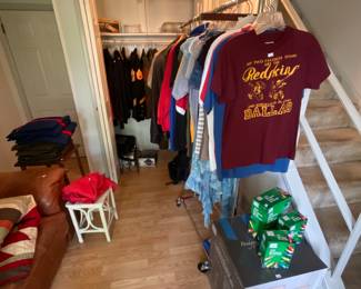 Vintage memorabilia, shirts, and military jackets and pants