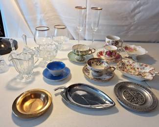 Mixture Of Tea Cups And Saucers, Lead Crystal Glasses, Bells