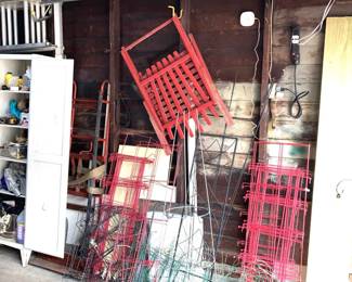Mystery Lot Garage Furniture Dolly, Metal Garden Dividers, Cabinet , Tools, Ladder, And More