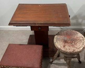Vintage Table, Foot Rest With Storage, Swivel Stool