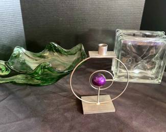 Rick Martin Signed Candle Metal Art Candle Holder,Glass Block,MCM Sooner Style Hand Blown Glass Bowl