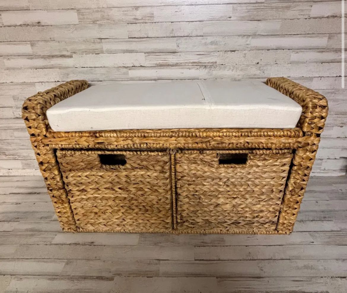 Rattan Sitting Bench with Cushion and Two Storage Drawers