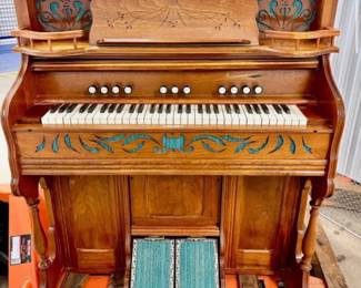 Vintage Danish Carved Wood Antique Organ Push Pedals Finished Wood Molding