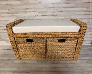 Rattan Sitting Bench with Cushion and Two Storage Drawers