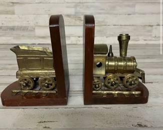 Vintage Brass and Wood Locomotive and Coal Car Book Ends
