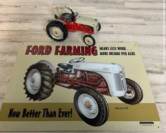 Ford Tractor Die Cast Collectible Replica with Reproduction Tin Wall sign