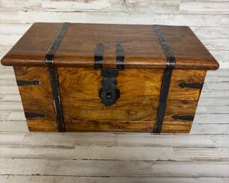 Vintage Rustic Solid Wood & Metal Oriental Asian Trunk Chest Carpenter Tool Chest