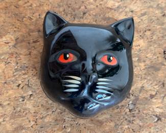 Vintage glossy black cat trinket box with music