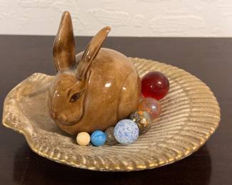 Sweet ceramic bunny and marbles and shell tray