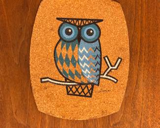 Vintage signed cork owl trivet