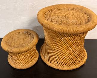 Two vintage woven wicker rattan plant stands