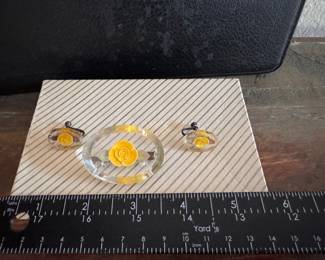 Vintage pin and earring set with rose design