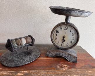 Looks like vintage but not scale clock plus odd rock piece
