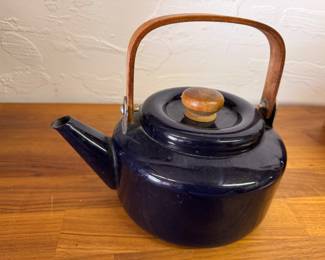 Older enamel tea pot with wood handle