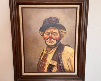 Original mid century signed oil painting of Otto the Clown